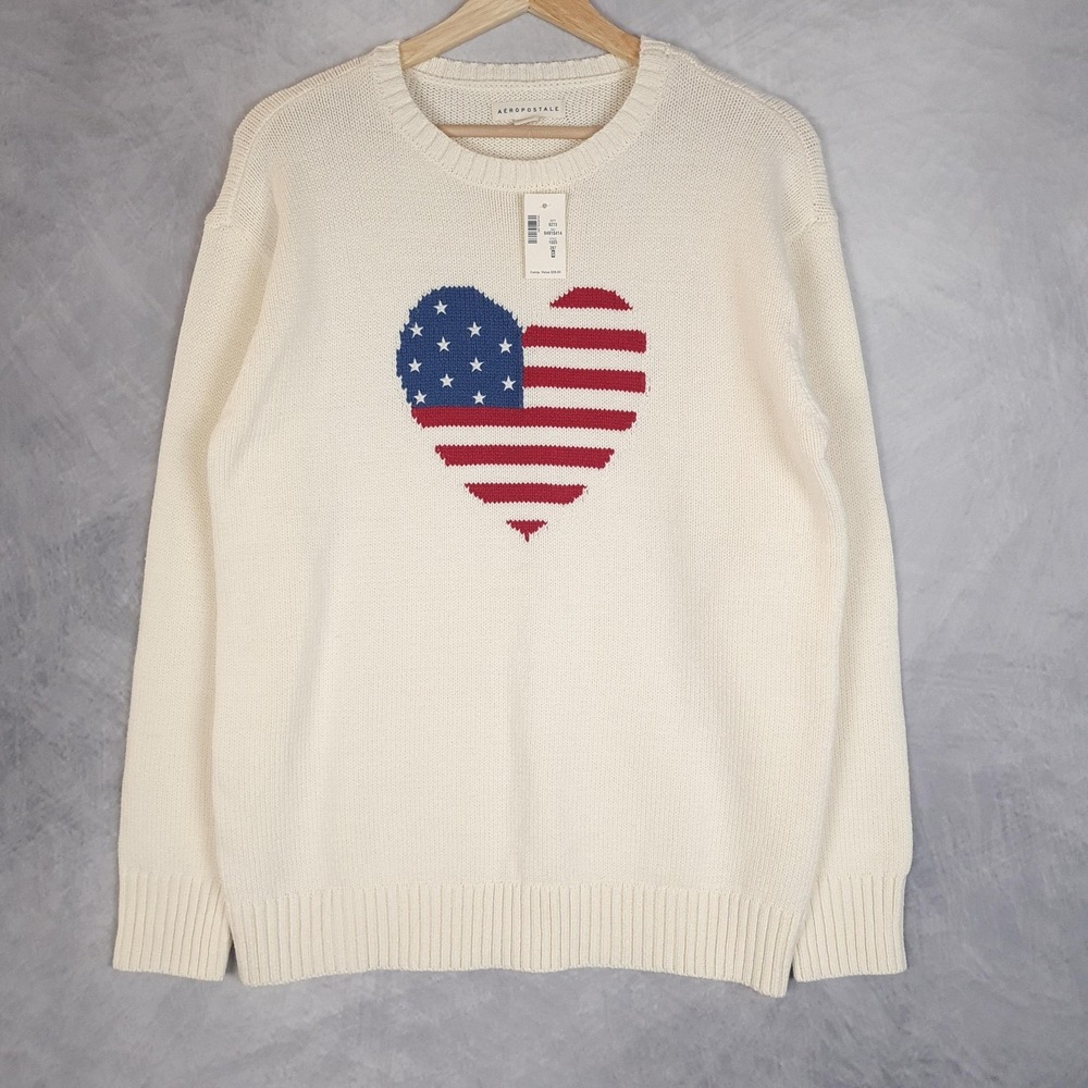 Aeropostale Sweater Womens Small White USA Flag Heart Graphic New W Tags FLAW